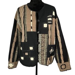 Coldwater Creek Patchwork Jacket Black Tan White Wool Blend Crochet Cable Knit